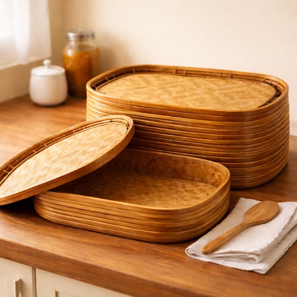 Set 10 Woven Bamboo Trays Natural Geometric Diamond Pattern Boho Serving Decor